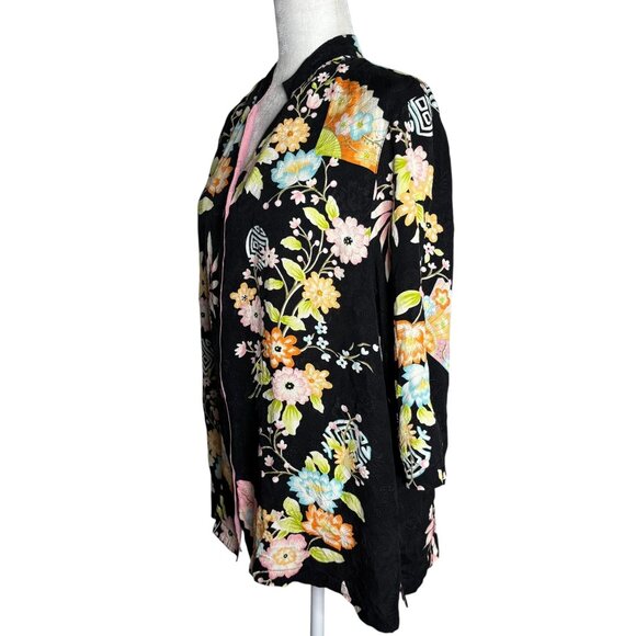 Silk Button Down Kimono Style Blouse Large Black Floral Mandarin Collar - Picture 3 of 6